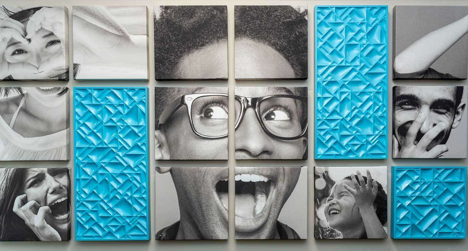 Multiple canvas grids make up portraits of young people.